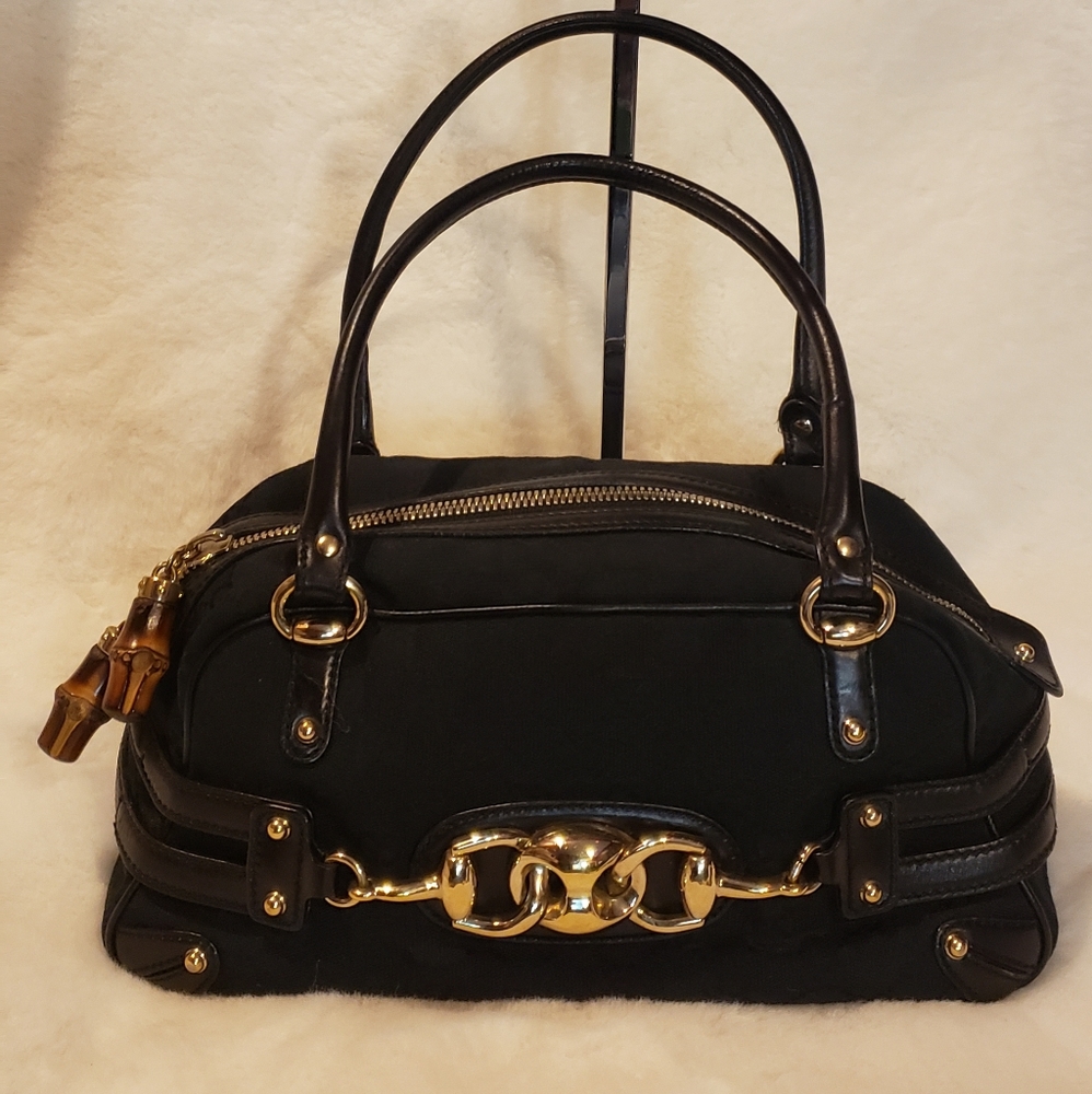 GUCCI Bamboo Horsebit Monogram Handbag
